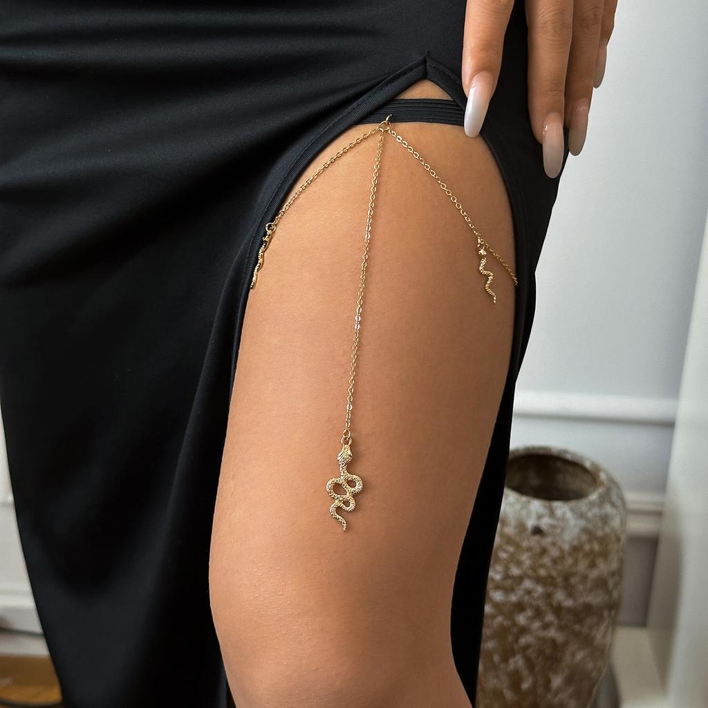 Accessories, Sexy Elastic Double-layer Round Bead Chain Body Chain, Metal Snake Pendant Fringed Thigh Chain