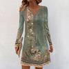 Women's Long-sleeved Casual Midi Dresses V-Neck Print  Casual Dress