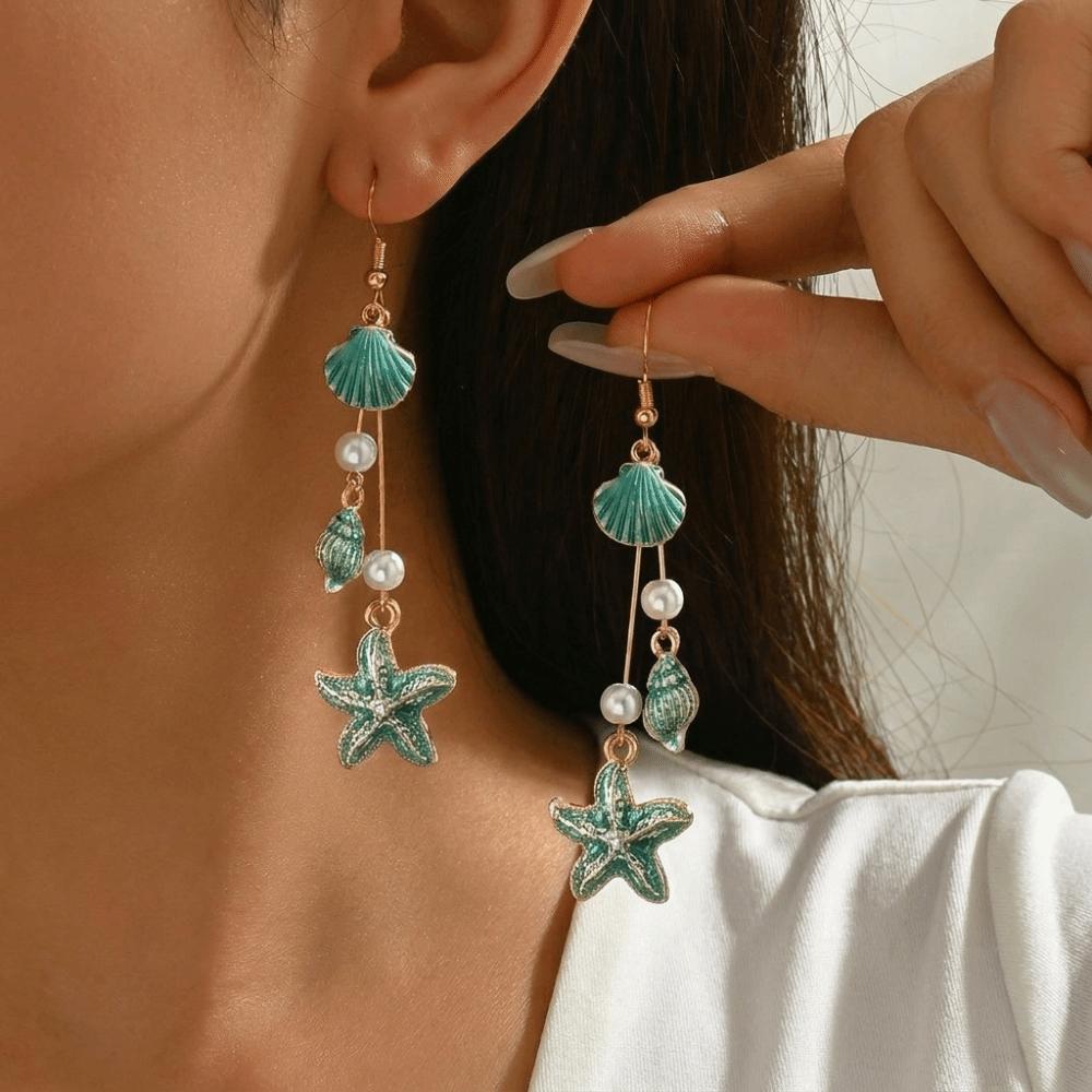 Bohemian Style Alloy Starfish Drop Earrings Conch Shell Long Tassel Earrings Geometric Shape Elegant Enamel Earrings Vacation