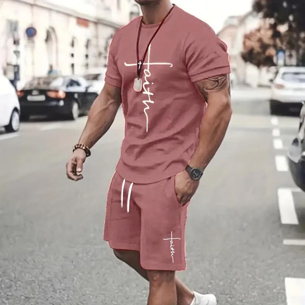 Летний мужской костюм уличная мода свободная и удобная футболка для спорта на открытом воздухе бег фитнес шорты с текстовой печатью