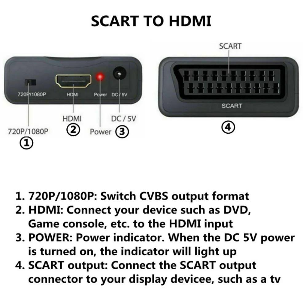 SCART to HDMI-compatible Video Audio Converter With Power Adapter For HDTV Sky Box DVD Television Signal 1080P Upscale Converter