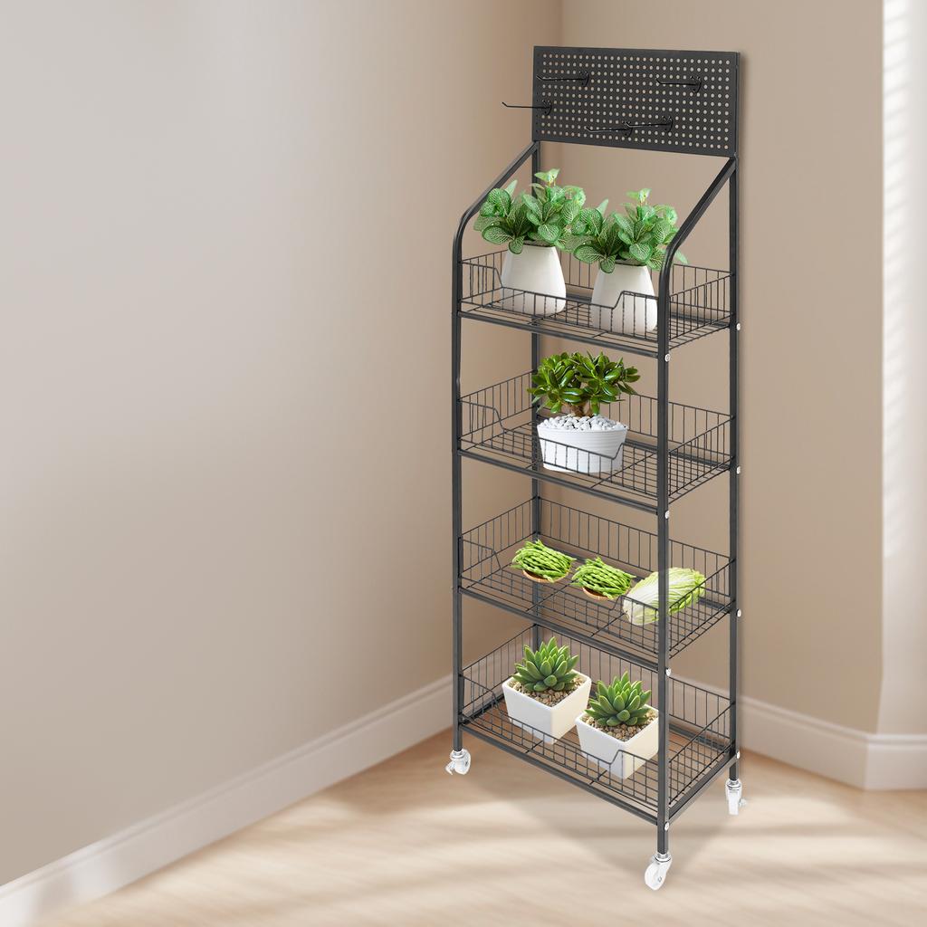 4-Tier Metal Storage Shelf Rolling Cart, Heavy Duty Kitchen Organizer Rack with Wheels for Pantry, Store Display, Black