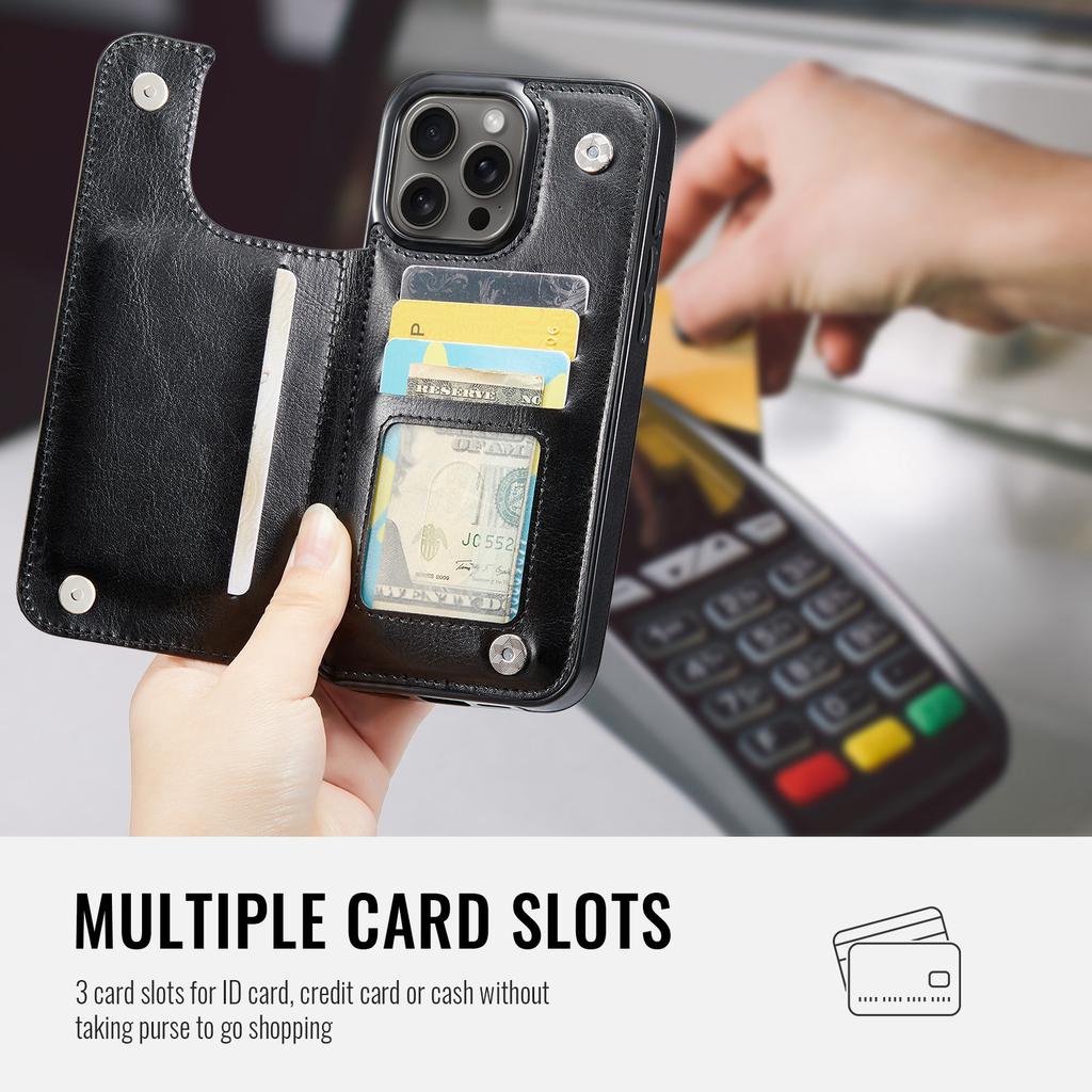 For iPhone 16 15 14 13 12 11 Pro Max PU Leather Case Kickstand Card Holder, Double Magnetic Clasp and Durable Shockproof Cover