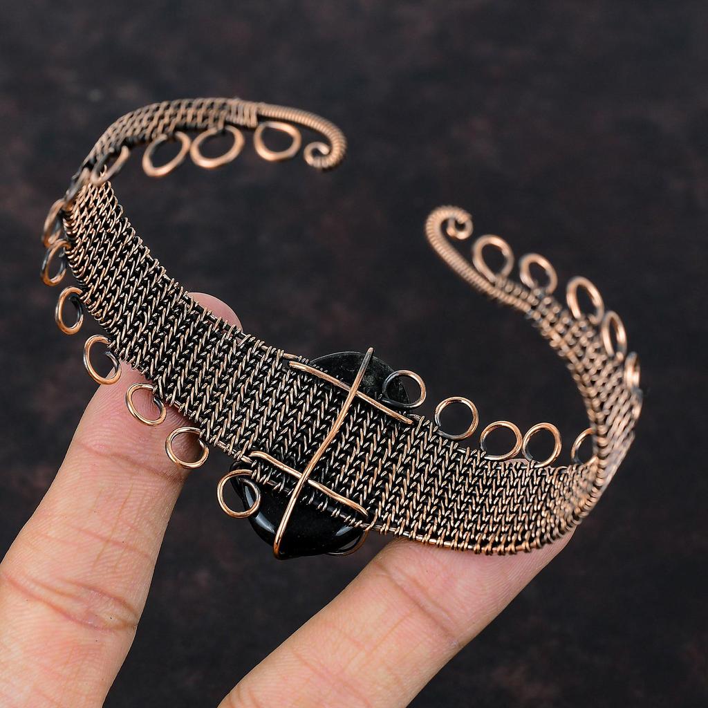 Браслет-манжета из обсидиана с серебристым блеском, браслет-манжета из драгоценного камня, регулируемый браслет-манжета, обмотанный медной проволокой, медные украшения, подарок для нее, браслет ручной работы
