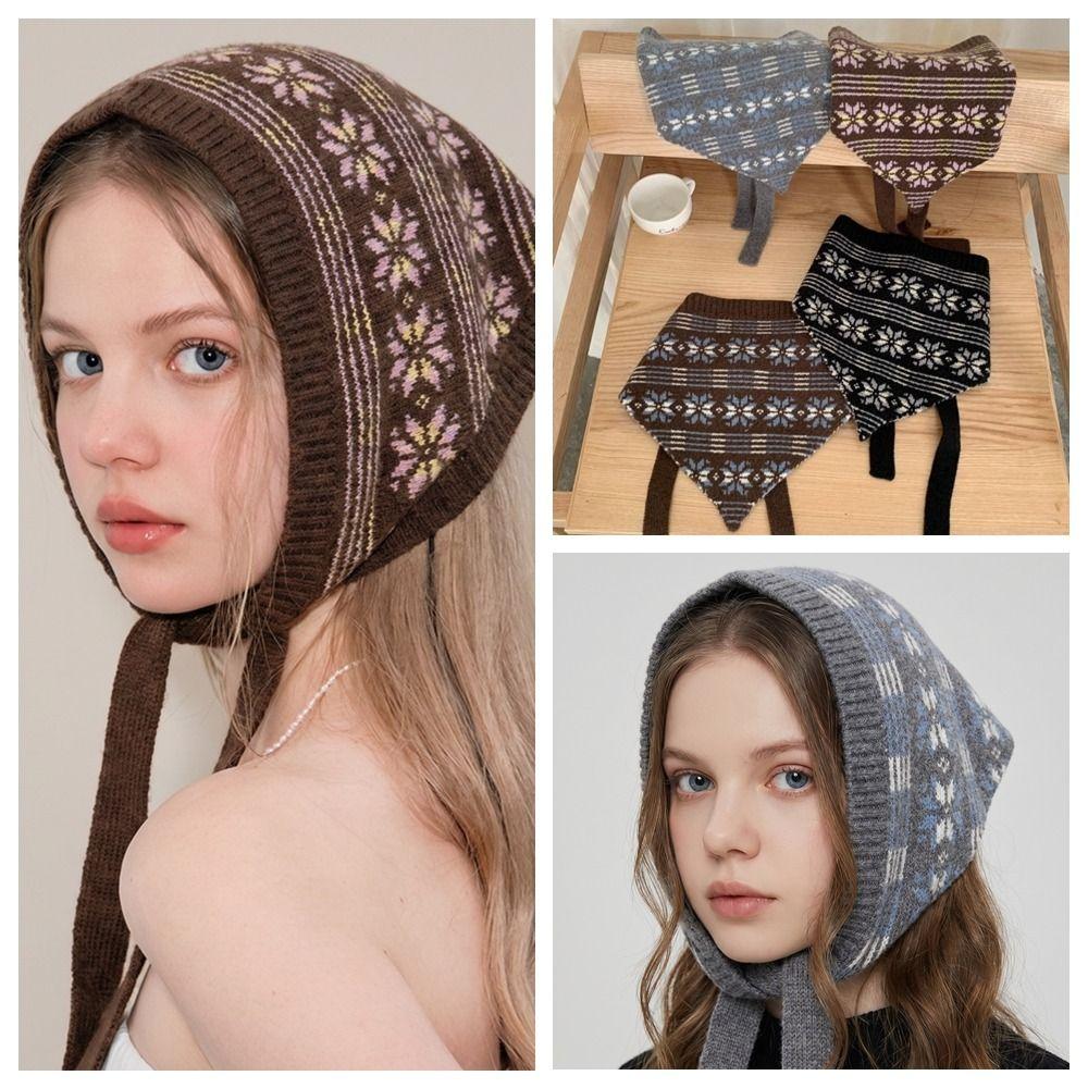 Snowflake Jacquard Wool Headscarf Y2K Knitted Scarf Elegant Printed Turban  Scarf Accessories