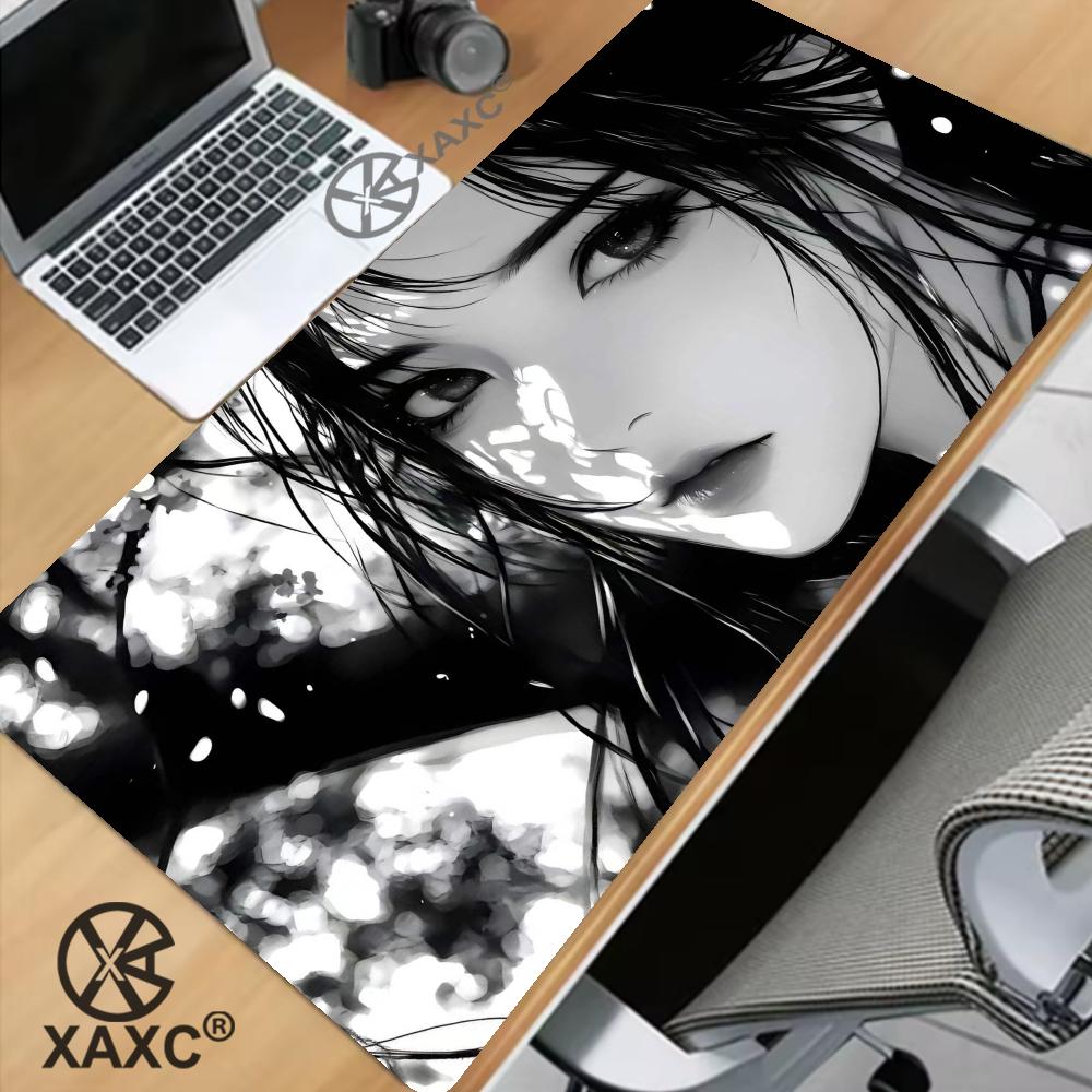 Black And White Anime Girl Table Mat Large Mouse Pad Office Keyboard Edge Locking Desk Mat Gaming Accessories Nonslip Xaxc