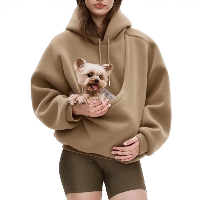 New European and American autumn/winter cross-border solid color hooded plush pet hood loose pullover sweatshirt for women