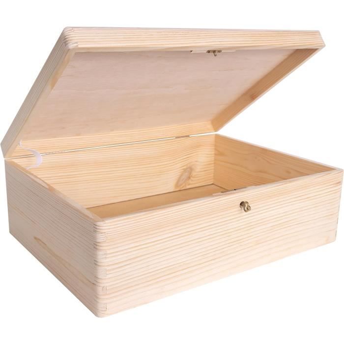 Boîte de rangement - CREATIVE DECO - Non Peint - 40 x 30 x 14 cm - Avec serrure et clé - Bois naturel