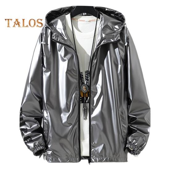 Men Shiny Glossy Coat Hooded Long Sleeve Teenager Coat with Adjustable Drawstrings Cuffed Sleeves Bright Surface Jacket