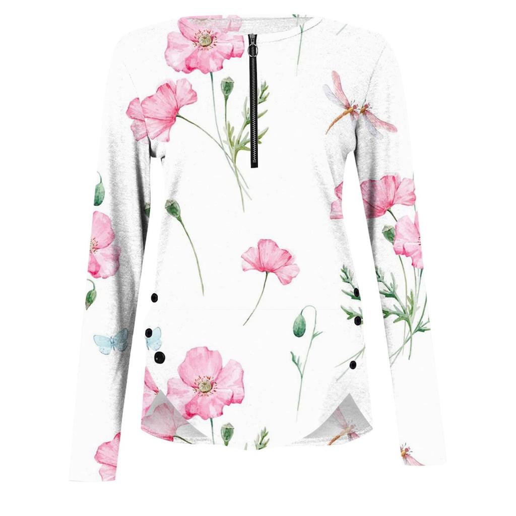 Women's Fashion Casual Long Sleeve Print Round Neck Pullover Top Blouse