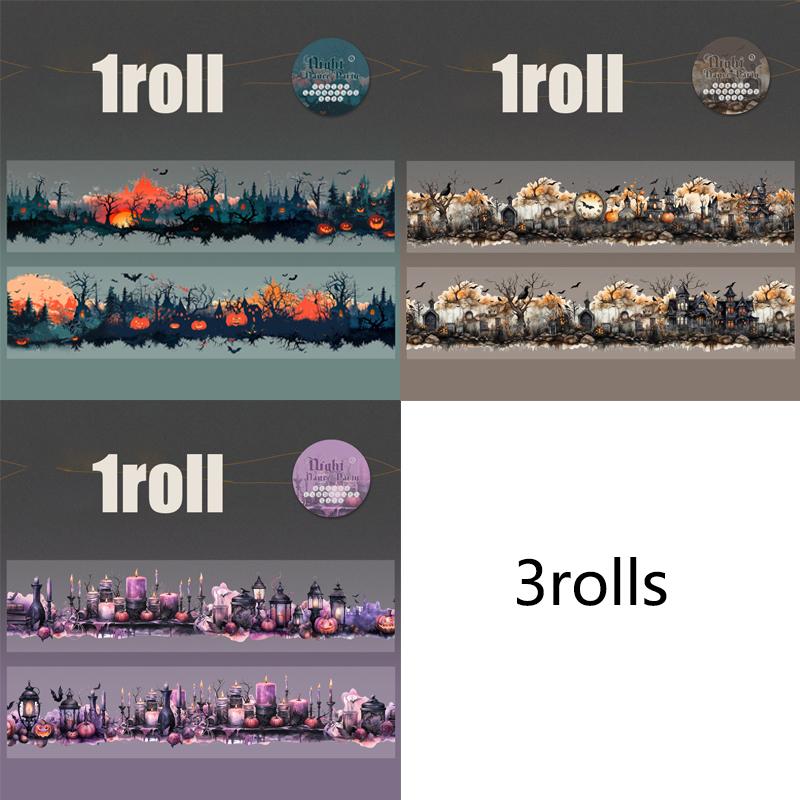 3rolls Dark Night Prom Series Halloween Dark Theme Scenic Tape DIY Handbook Collage Journal Notebook Greeting Card Post