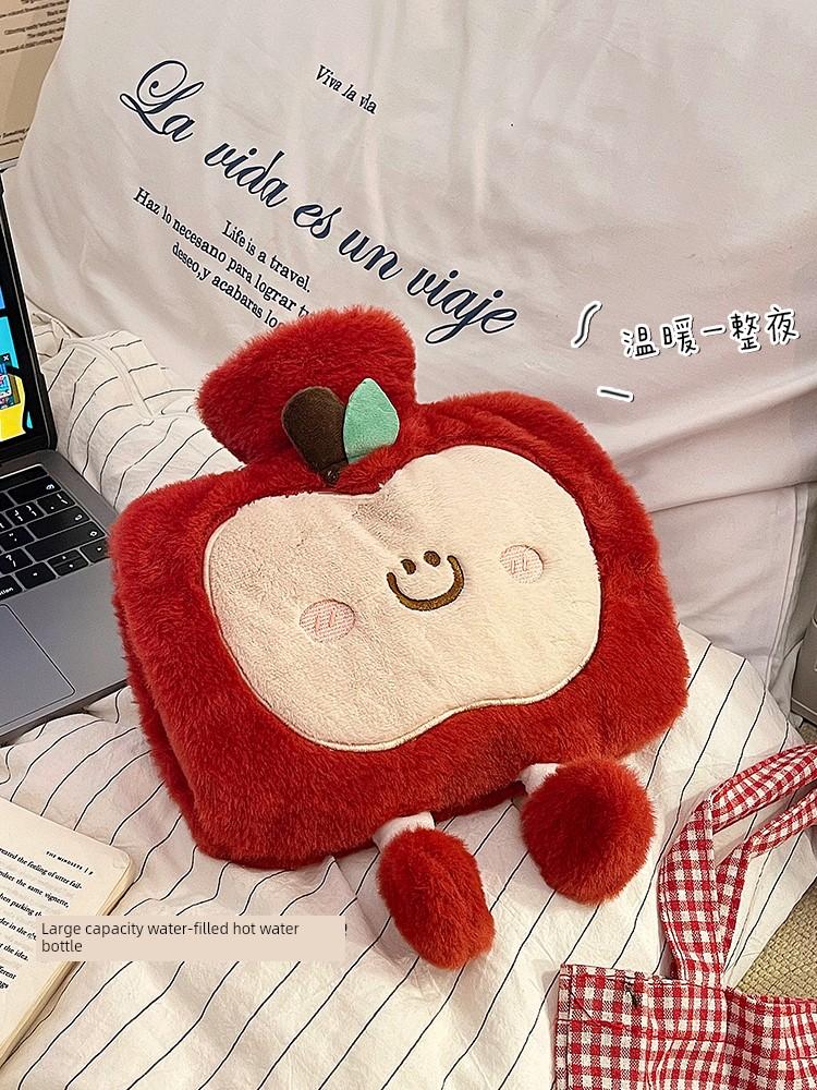 Apple Hot Water Bottle, Refillable, Thick Plush, Large Size, Specifically for Use in Bed, for Warming the Stomach, and Keeping Warm