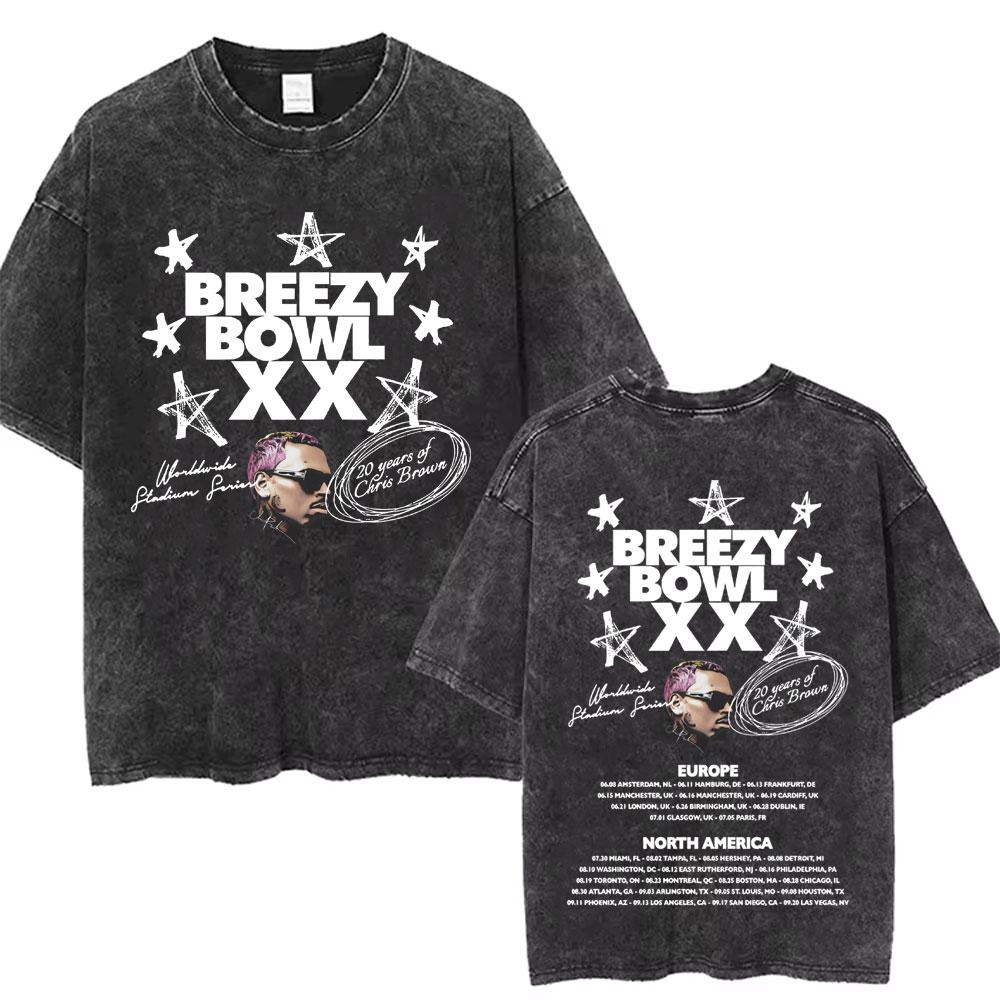 Washed Chris Brown Music Album Cover Print Tshirt Breezy Bowl XX Tour Merch T Shirts Men Women Hip Hop High Quality Tshirt