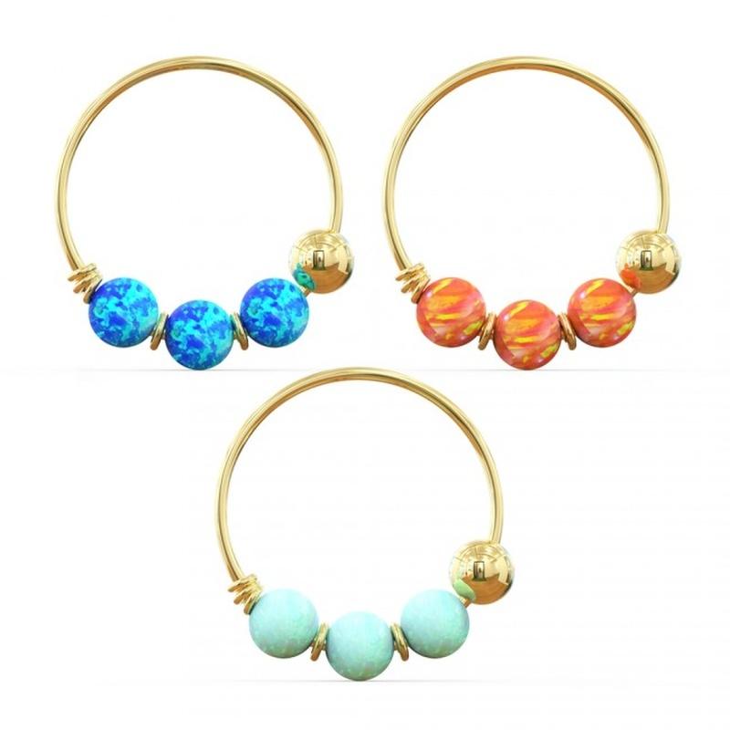 9K Yellow Gold 3 Pieces Opal Stones Hoop Nose Ring In Box - Quality Piercings