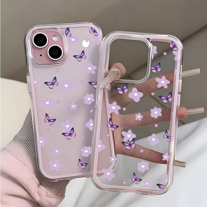 Purple Flower Butterfly TPU Transparent Pink Phone Case For iPhone 11 12 13 14 15 16 17 Pro Max Plus Shockproof Silicone Cover