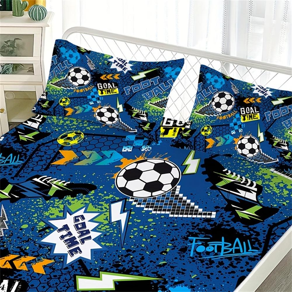 3pcs Fashion Cartoon Football Print Fitted Sheet Set Soft Comfortable Breathable Bedding Mattress Protector Set For Bedroom