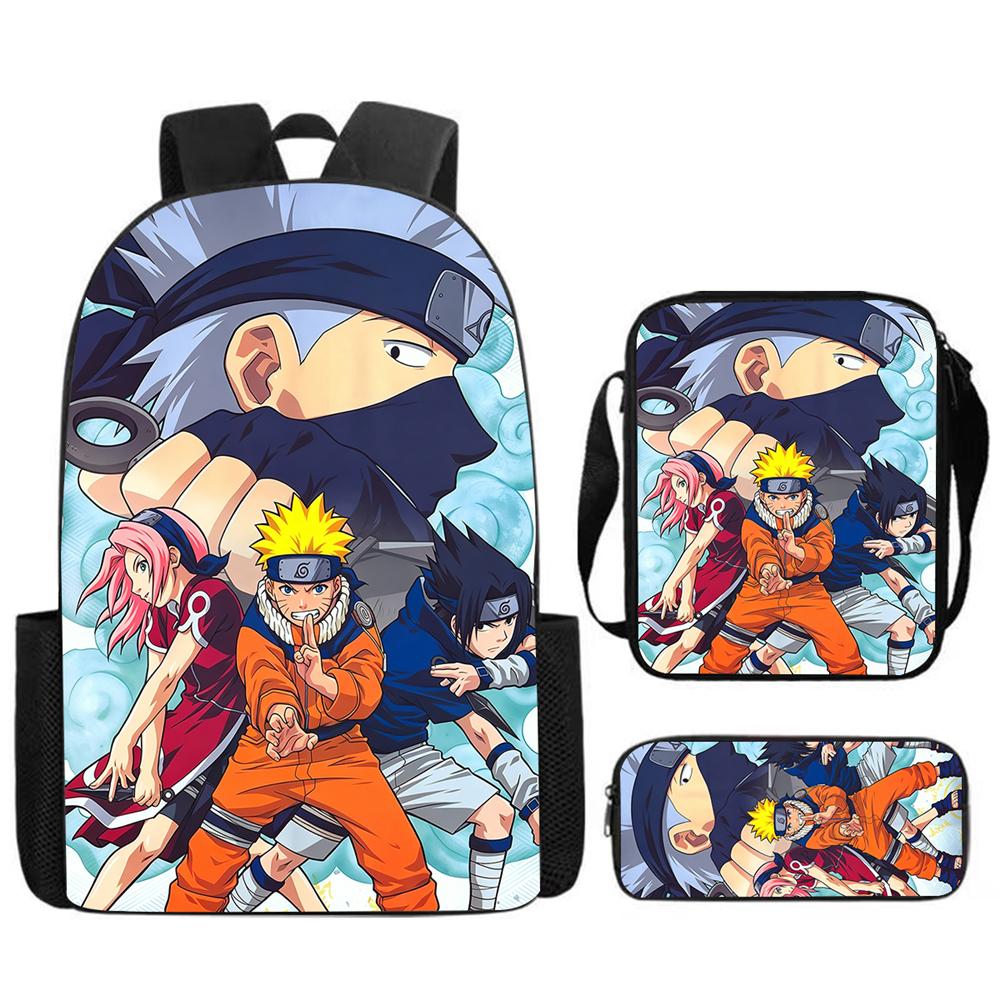 Набор из 3 предметов Рюкзак NARUTO для детей с сумкой через плечо и пеналом Легкий и прочный, Мультяшные школьные сумки для детей от 5 до 10 лет Мальчиков и Девочек