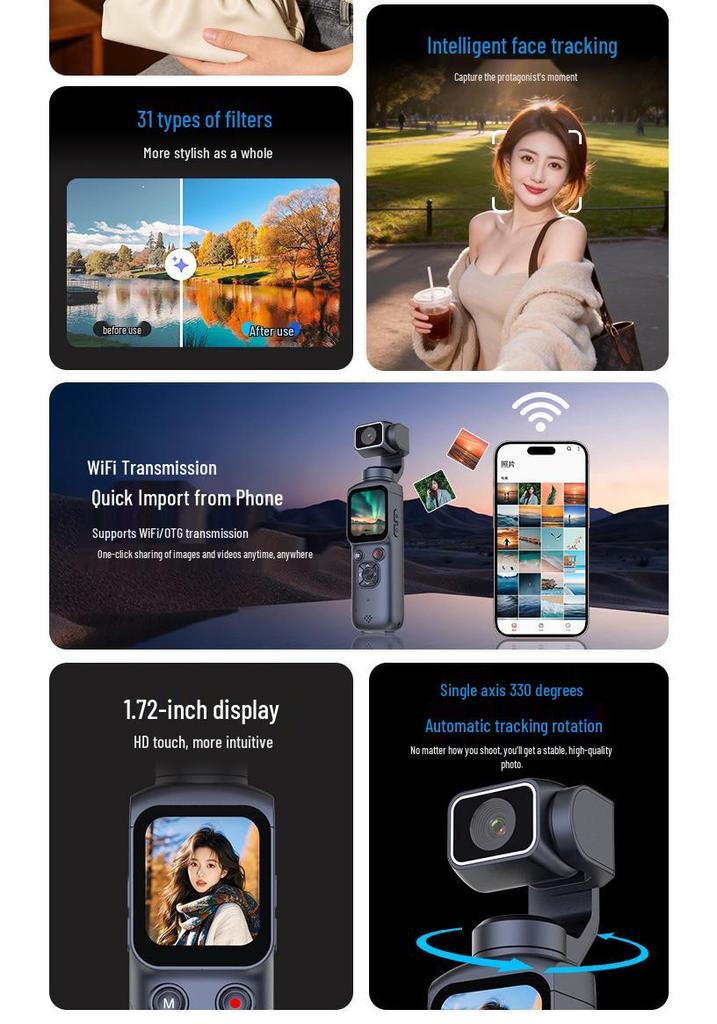 Портативная 4K камера-стабилизатор с Wi-Fi и стабилизацией для влогов и путешествий