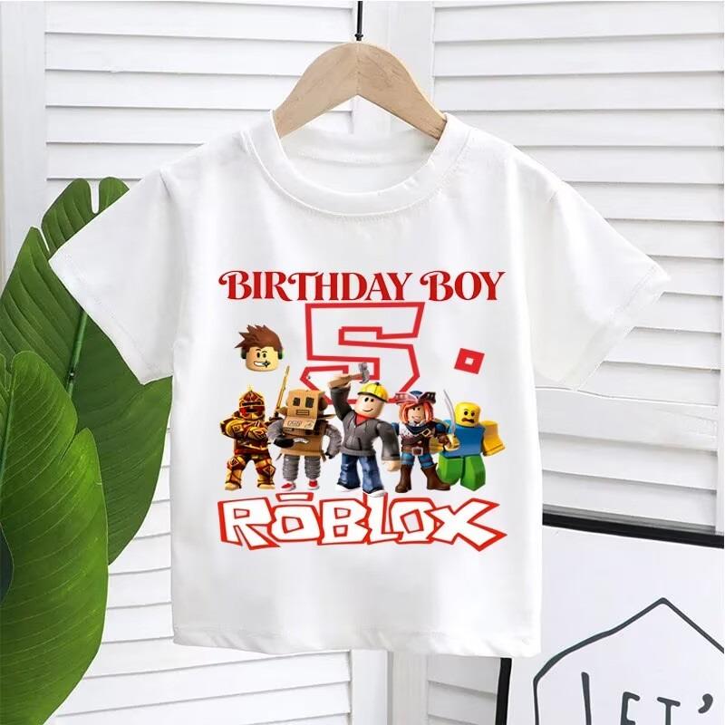 Новые детские футболки Roblox с мультяшными принтами, цифрами на день рождения, для мальчиков и девочек, повседневные, с коротким рукавом, летние топы, детская одежда