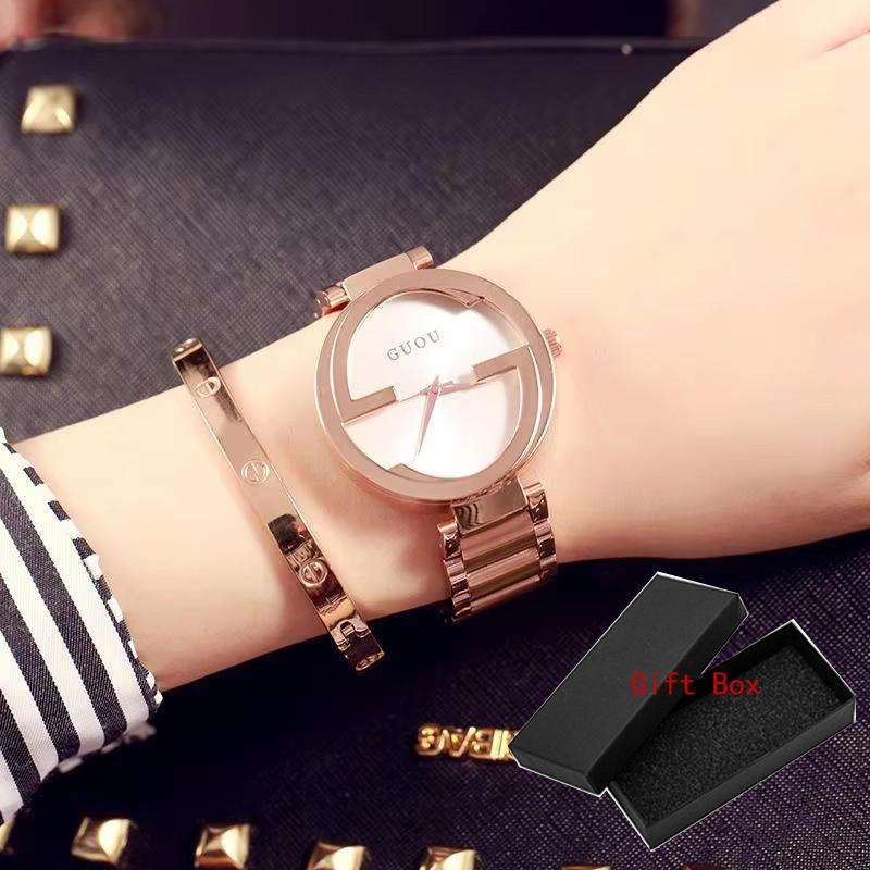 Fashion Guou Brand Unique Women Luxury Rose Gold Steel Quartz Casual Wrist Watch Relogio Feminino Lady Ladies Dress Hours Clock