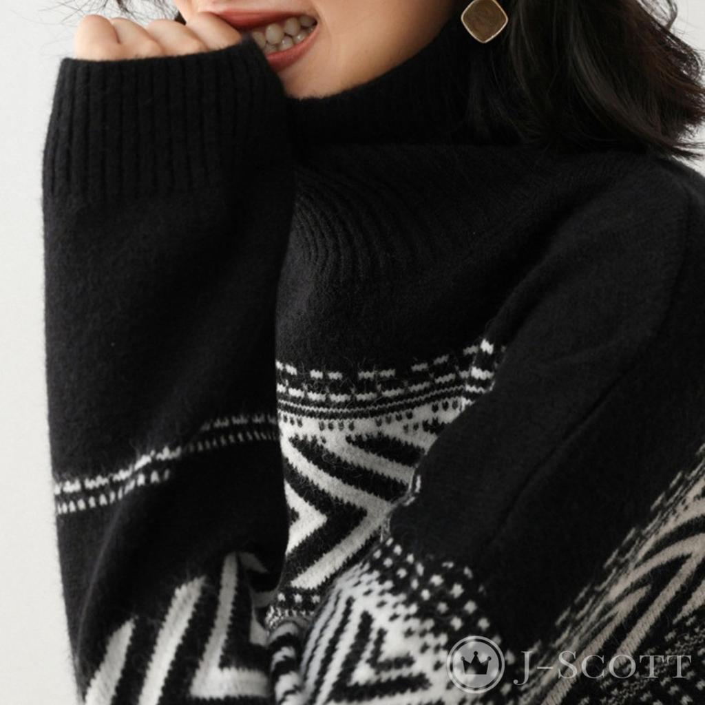 J-Scott Women's Fair Isle Knit Sweater with Drop Shoulders, Long Sleeves, and a Loose Fit, Geometric Pattern, Black, Size JS35-BK-XL