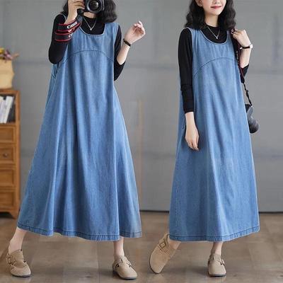 Джинсовое платье-жилет без рукавов большого размера - Милое, Повседневное, Синее Длинное платье для женщин