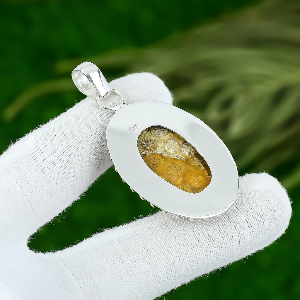 Корневая чакра Натуральный ископаемый коралл Стерлинговое серебро Юбилейный Кулон-безель для жены