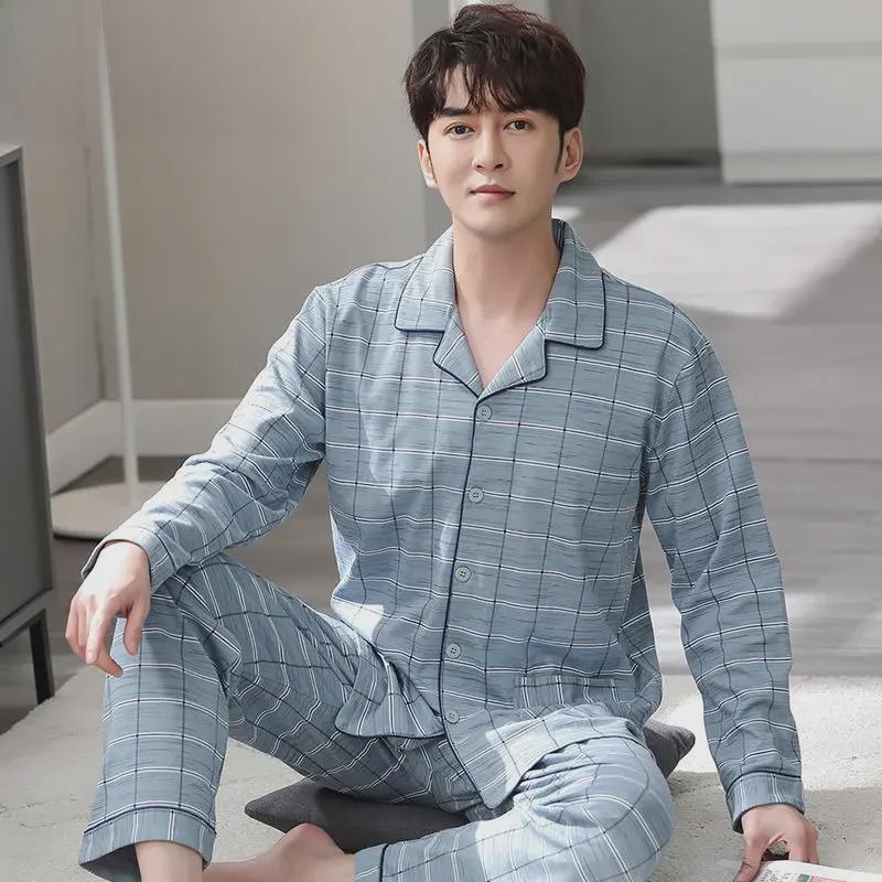 Мужская пижама-кардиган с лацканами, 100% хлопок, длинный рукав, на весну, лето и осень, размеры до 5XL