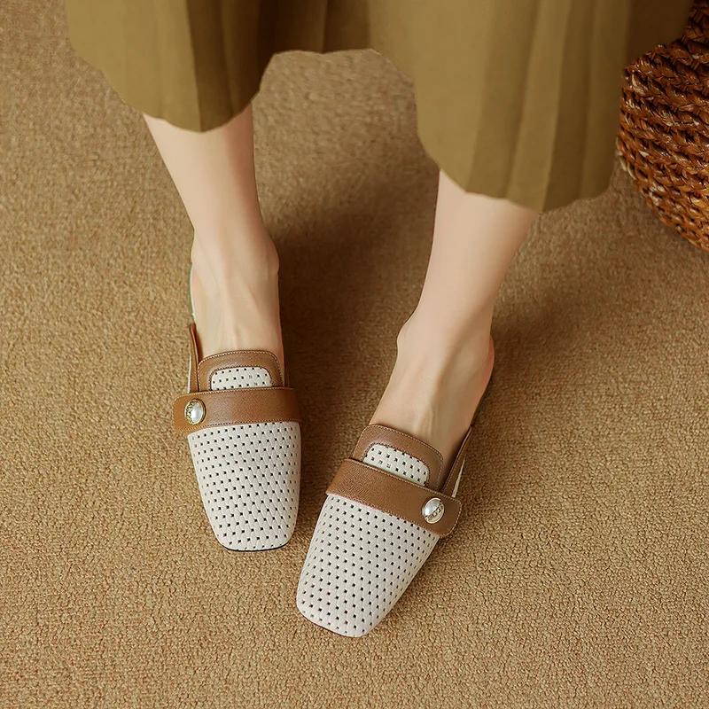 Модные сетчатые полые полутапочки женские 2024 новые летние квадратные носки на низком каблуке наружные мюли тапочки удобная женская обувь Zapatos De Mujer