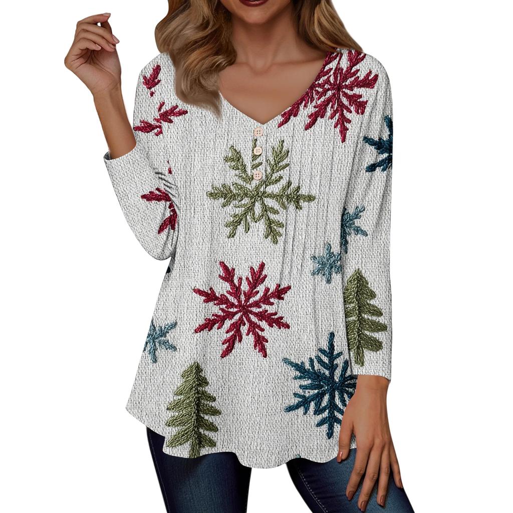 Women's Fashion Casual Christmas Tree Print V-Neck Decorative Button Long Sleeve T-Shirt Top