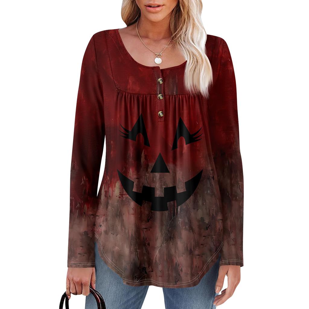 Женская туника с длинным рукавом, свободные топы, повседневные топы оверсайз, плиссированная туника, застегивающаяся на пуговицы, повседневные женские топы с принтом