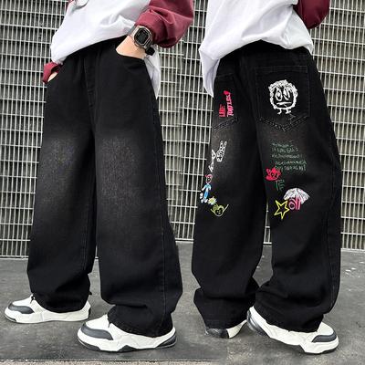 Джинсы с черным принтом для мальчиков, весна/осень, детские широкие брюки, выстиранный деним, прямые брюки, брюки для подростков