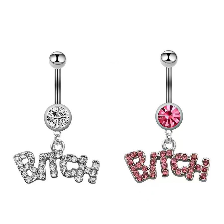 316L Stainless Steel Belly Button Ring with Pink Letter Pendant and Diamond-Set