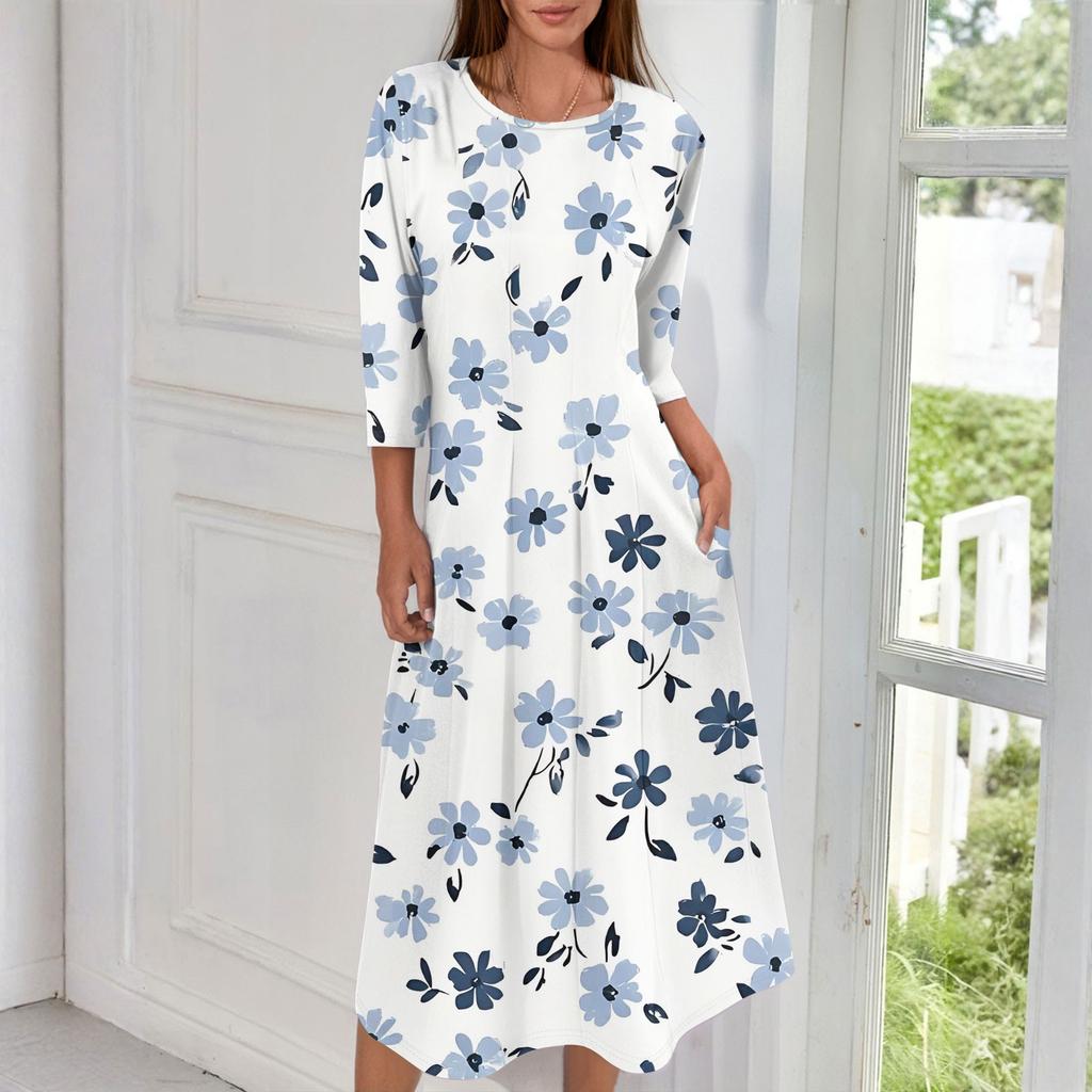 Женское модное повседневное миди-платье с круглым вырезом и рукавами три четверти