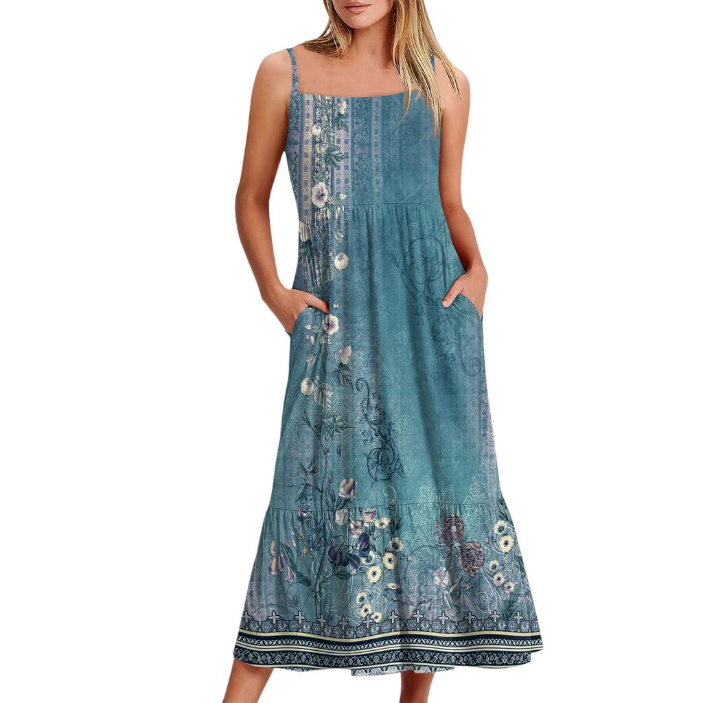 Женское длинное пляжное повседневное элегантное платье макси на тонких бретельках с цветочным принтом, струящееся платье в стиле бохо