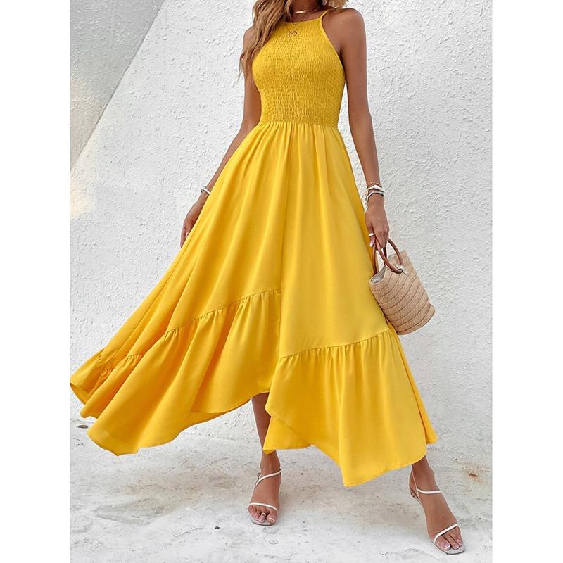 Модное сексуальное вечернее платье без рукавов для женщин, летнее отпускное платье А-силуэта с открытой спиной, повседневные длинные платья для женщин, винтажное нестандартное желтое платье с высокой талией 26205