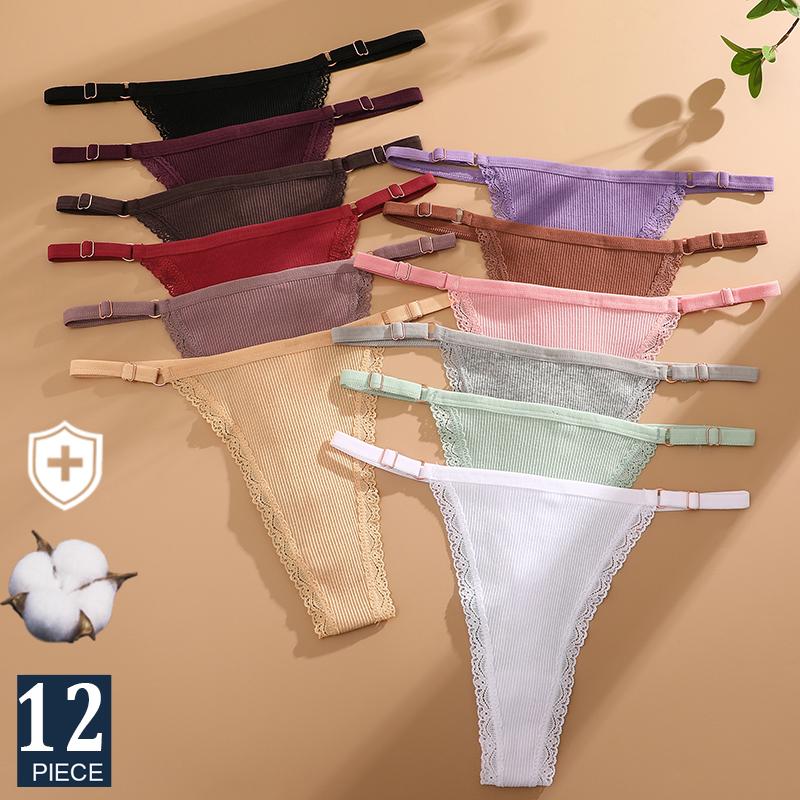 FINETOO 12Pcs Sexy G-string Panties Cotton Women's Underwear Adjustable Waist Girl Female Pantys Bikini Lady Thongs Lingerie