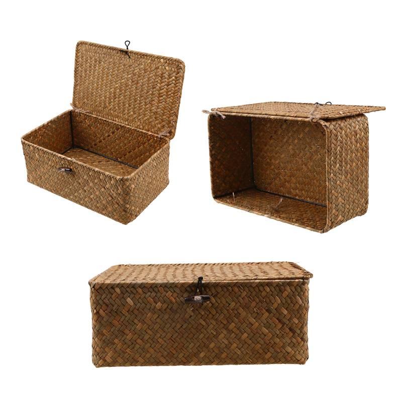 Винтажная желтая корзина для хранения из морской травы с крышкой, идеально подходящая для CD-дисков, пультов дистанционного управления и канцелярских принадлежностей