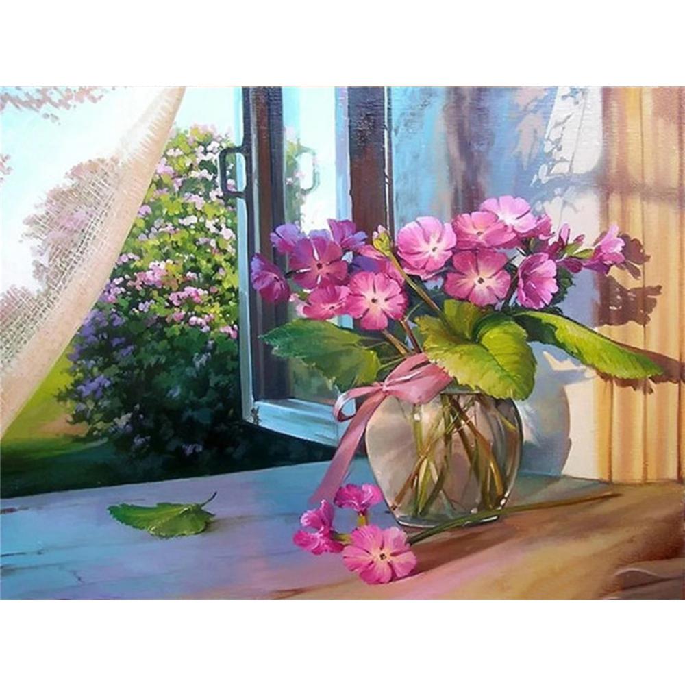 5D DIY Алмазная картина Цветочная мозаика Окно Полный дрель Алмазная вышивка Ремесленный комплект Изображение Горный хрусталь Домашний декор