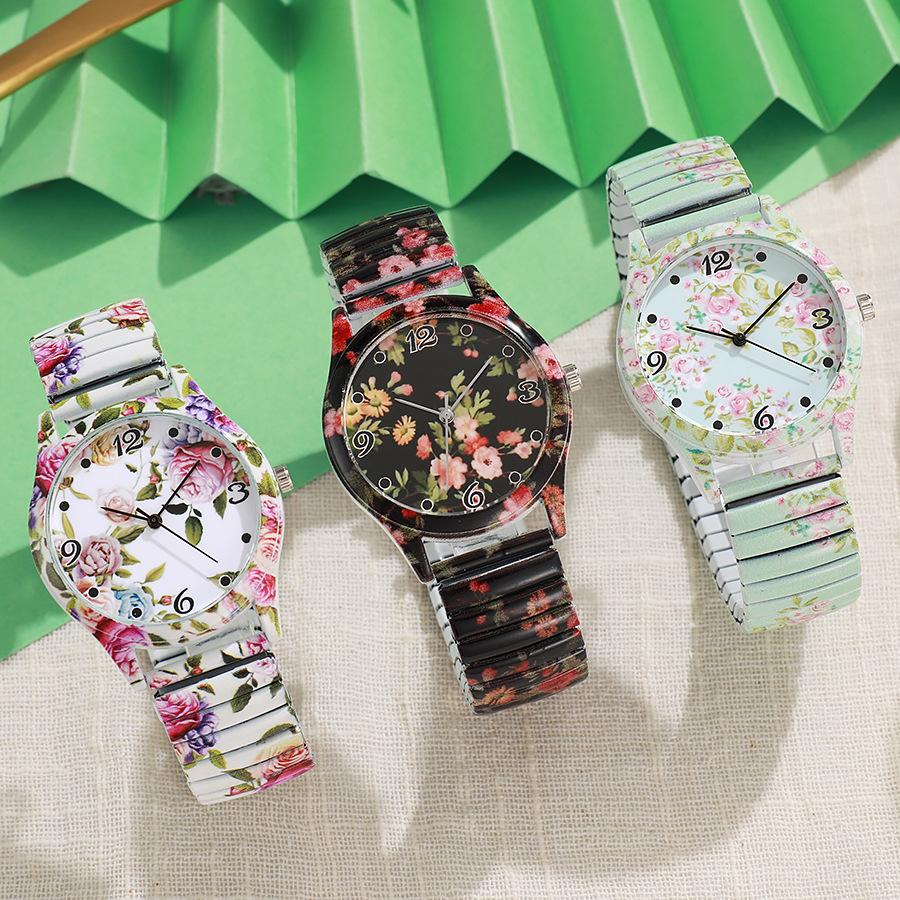 Elegant Fashion Women's Watches Exquisite Flowers Printed Elastic Strap Ladies Quartz Wrist Watches Reloj Mujer(Without Box)