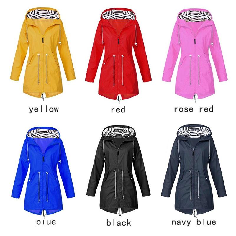 Women Solid Rain Jacket Outdoor Waterproof Hooded Windproof Loose Coat Plus Size Outwear