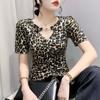 2023 European V-Neck Leopard Print Women's Slim Fit Short Sleeve T-Shirt