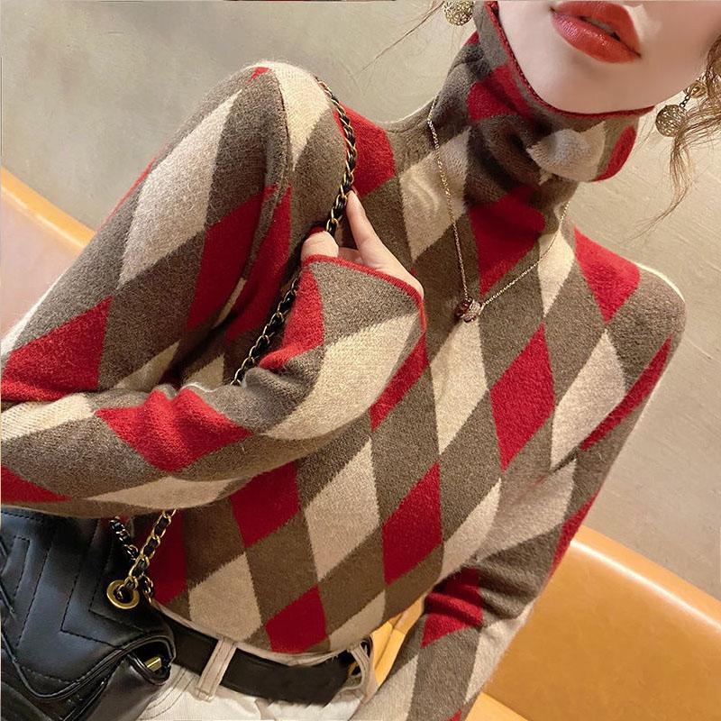 Свитер с высоким воротом, женский пуловер, осень и зима, винтажная ромбовидная сетка, новая модная утягивающая базовая рубашка, женский топ