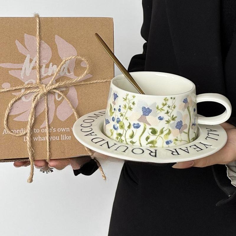 Hand Drawn Lily Blossom Ceramic Coffee Cup and Plate Set