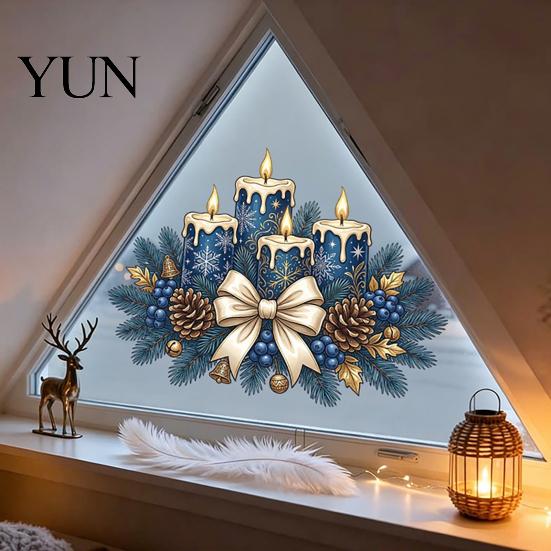 Elegant Christmas Shop Decor Candle Static Glass Stickers, Removable Window Cling with Bow Pinecone And Pine Indoor Outdoor Branch Pattern,