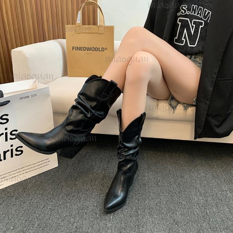 Сапоги на высоком каблуке до середины голени с плиссировкой для женщин, осень-зима, коричневые, из искусственной кожи, вестерн, женские, на толстом каблуке, ковбойские, Botas Mujer