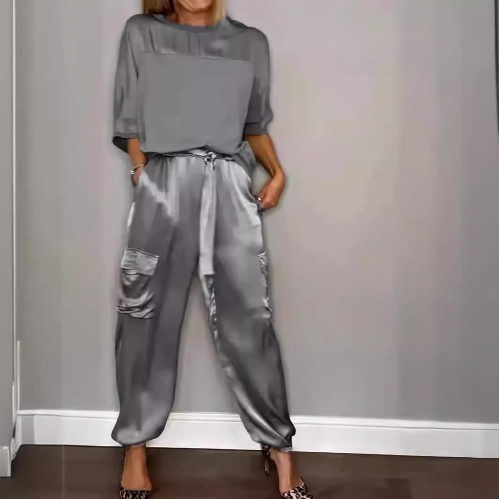 Женский комплект, однотонный комплект из гладкого атласа, топ с рукавами три четверти и брюки, комплект из двух предметов