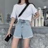 Classic and Minimalist Fashion Versatile High Waist Female Summer Double Buckle Loose Thin Wide Leg Rolled A Word Super Denim Shorts Individuality