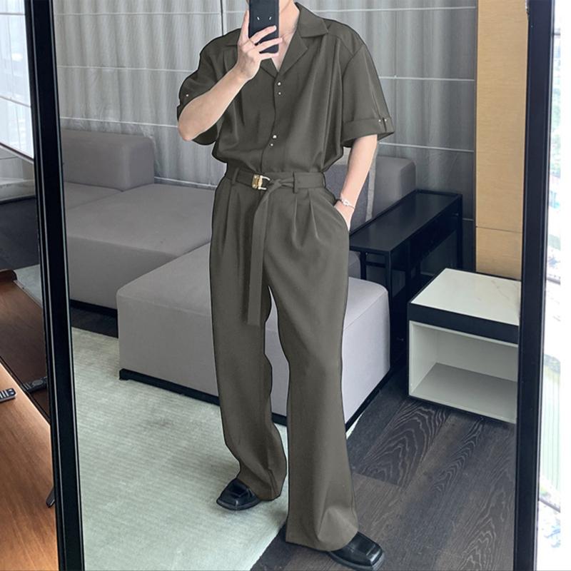 INCERUN Комплекты из двух предметов для мужчин с лацканами, с коротким рукавом, в полоску, рубашка, длинные брюки