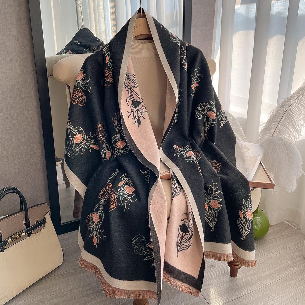 Korean Version Printed Imitation Cashmere Scarf Women'S Winter Double-Sided Thickened Neck Protection Scarf Air Conditioner Shawl